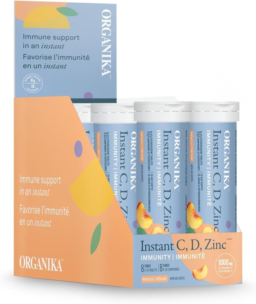 Organika Instant C, D, Zinc Effervescent Tablets Peach Flavor 8 x 10 Tablets NEW