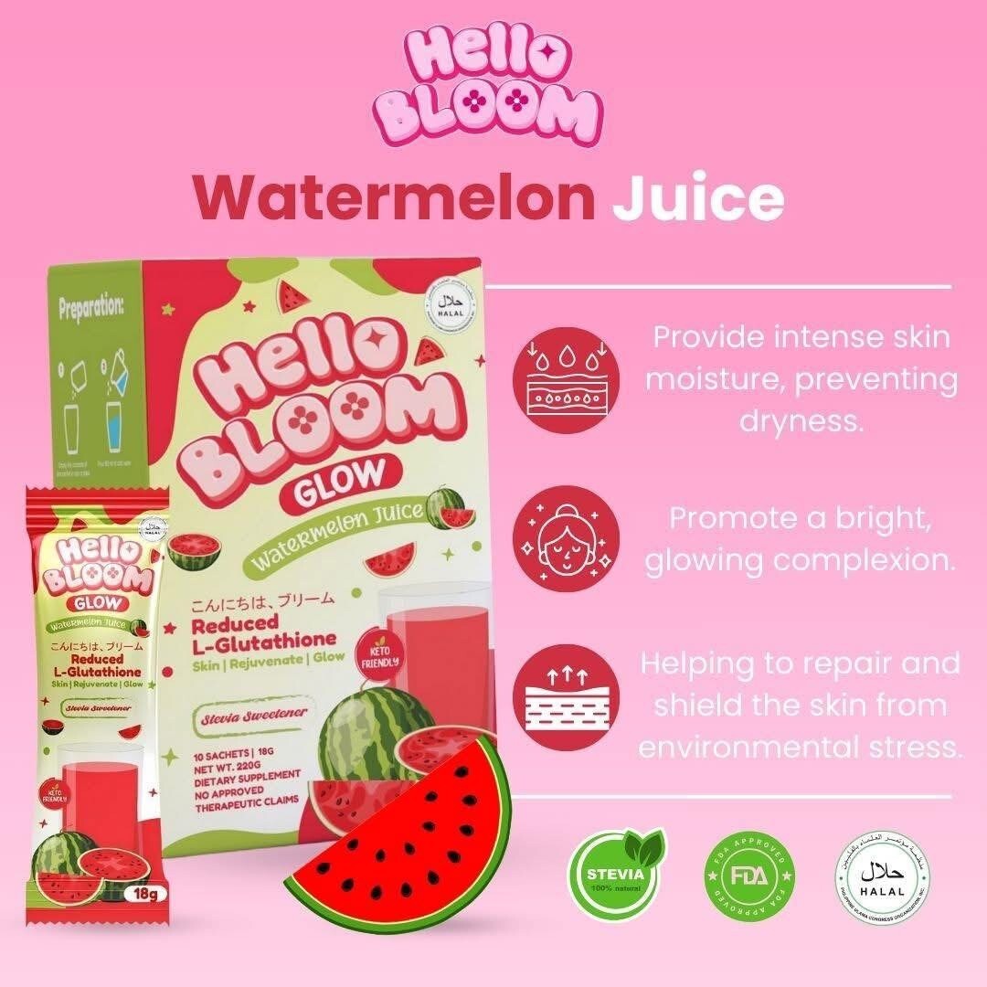 Hello BLOOM GLOW Watermelon Juice – Reduced L-Glutathione Drink (18g x 10 Sachet