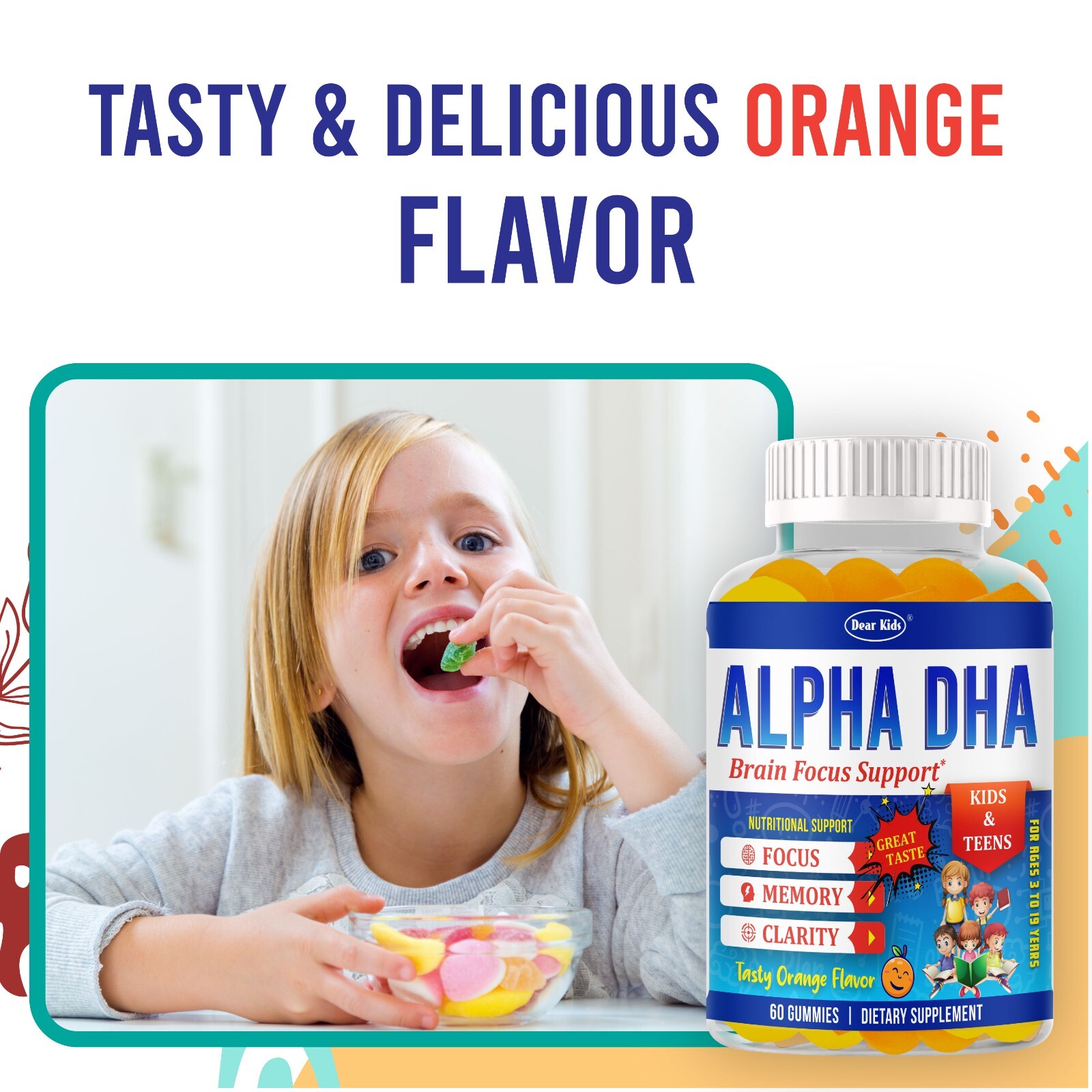 Brain Booster Memory Supplement Focus Gummies for Kids & Teens, Omega 3 & DHA 60
