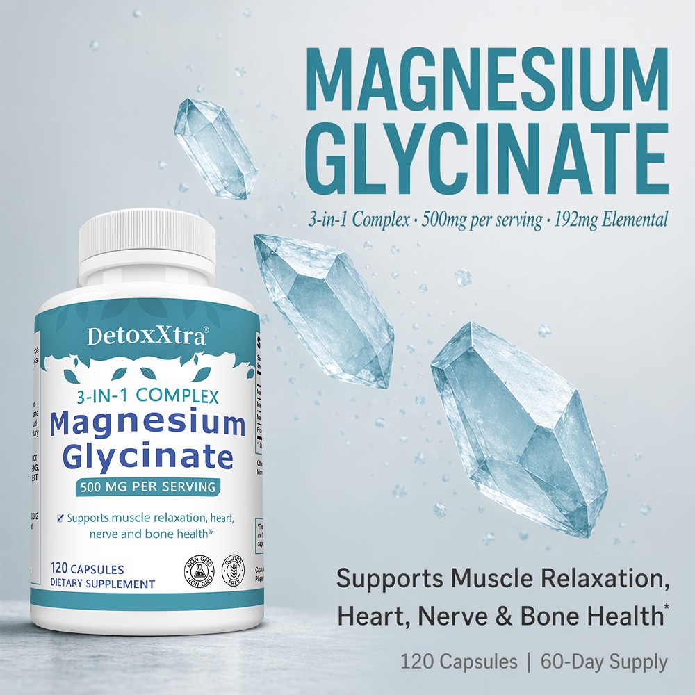 3-in-1 Magnesium Glycinate Complex | 500mg,For Relaxation&Bone Health 30~120Caps