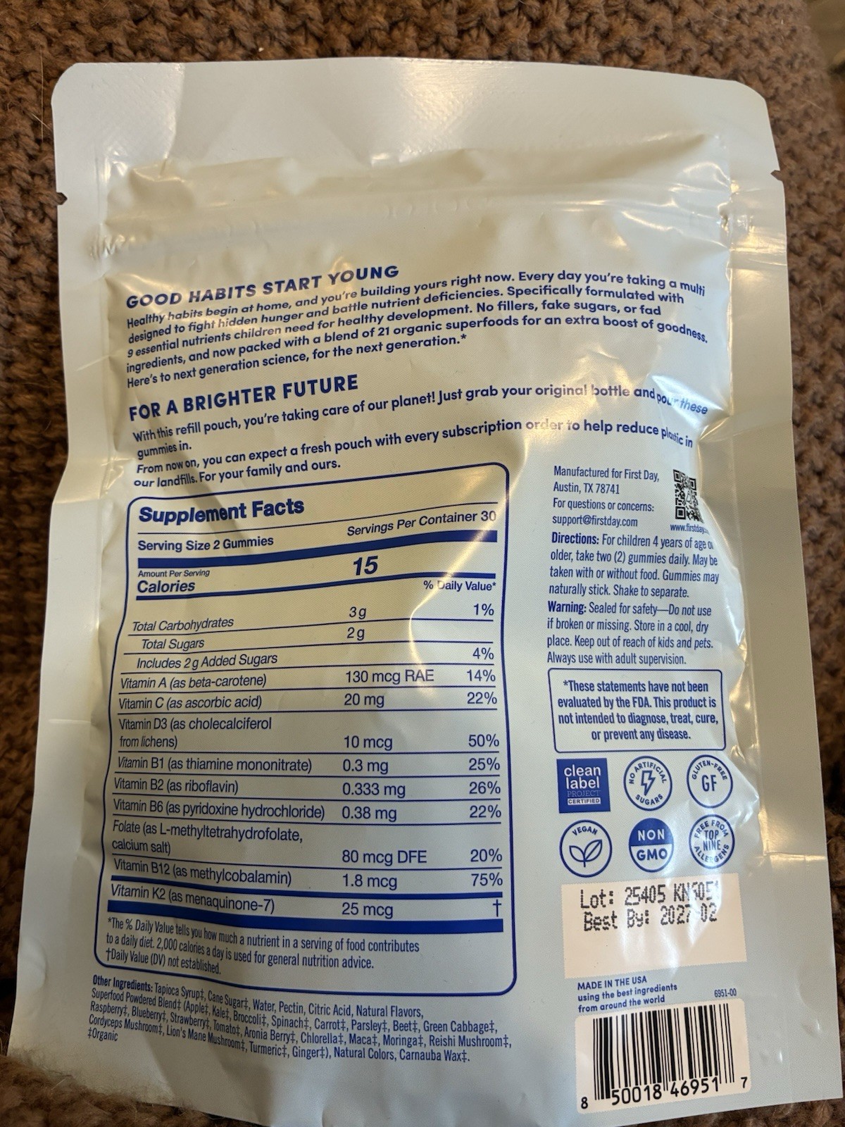 First Day Kids Multivitamin Gummies Vegan Gluten-Free 60 Count Raspberry