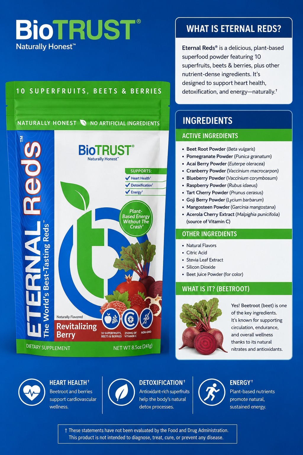 8.5oz BioTrust Eternal Reds Superfoods Revitalizing Berry Beets Berries BB7/2026