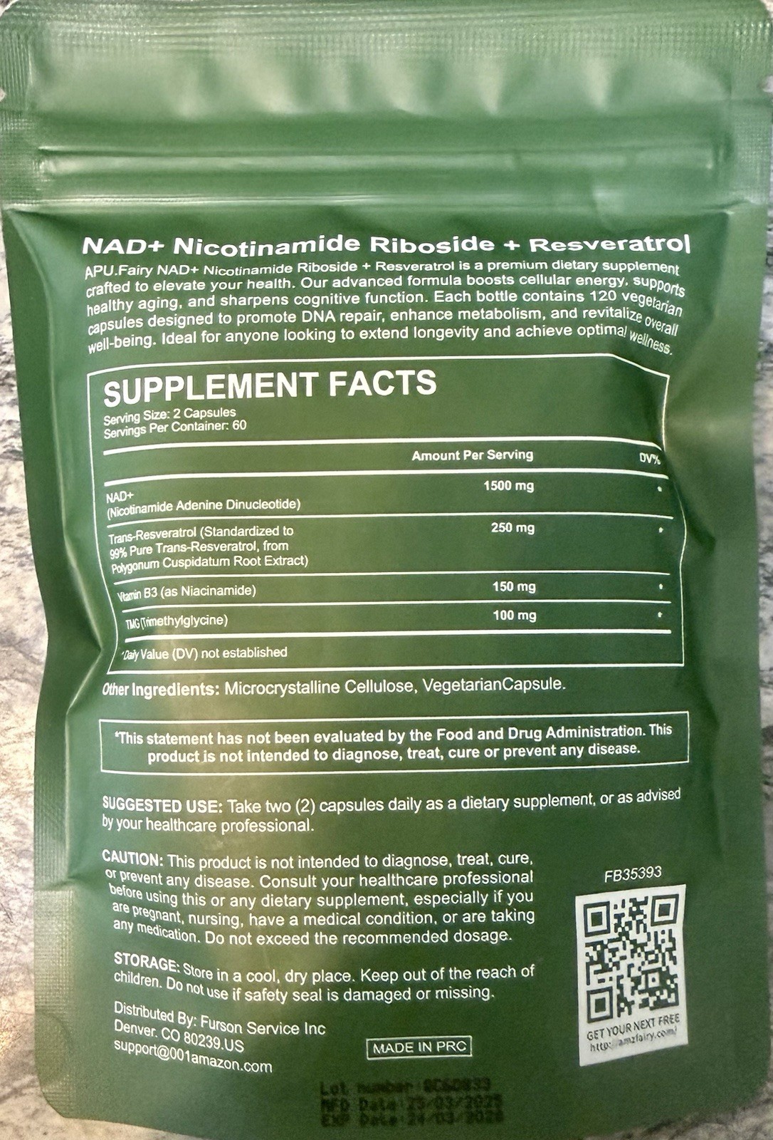 APU Fairy NAD+ 2000mg Nicotinamide Riboside Resveratrol 120 Capsules, Exp 3/28
