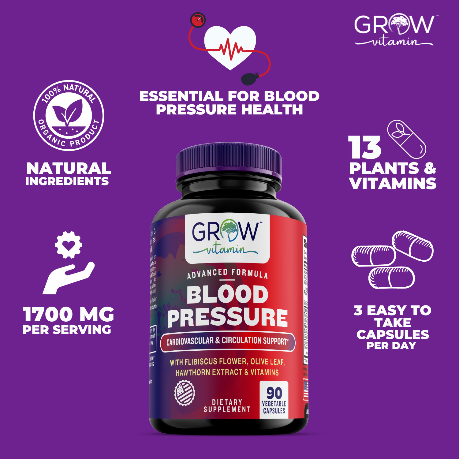 Heart Health Blood Pressure Support Supplement Herbal Blend, Non-GMO, 2-PACK 180