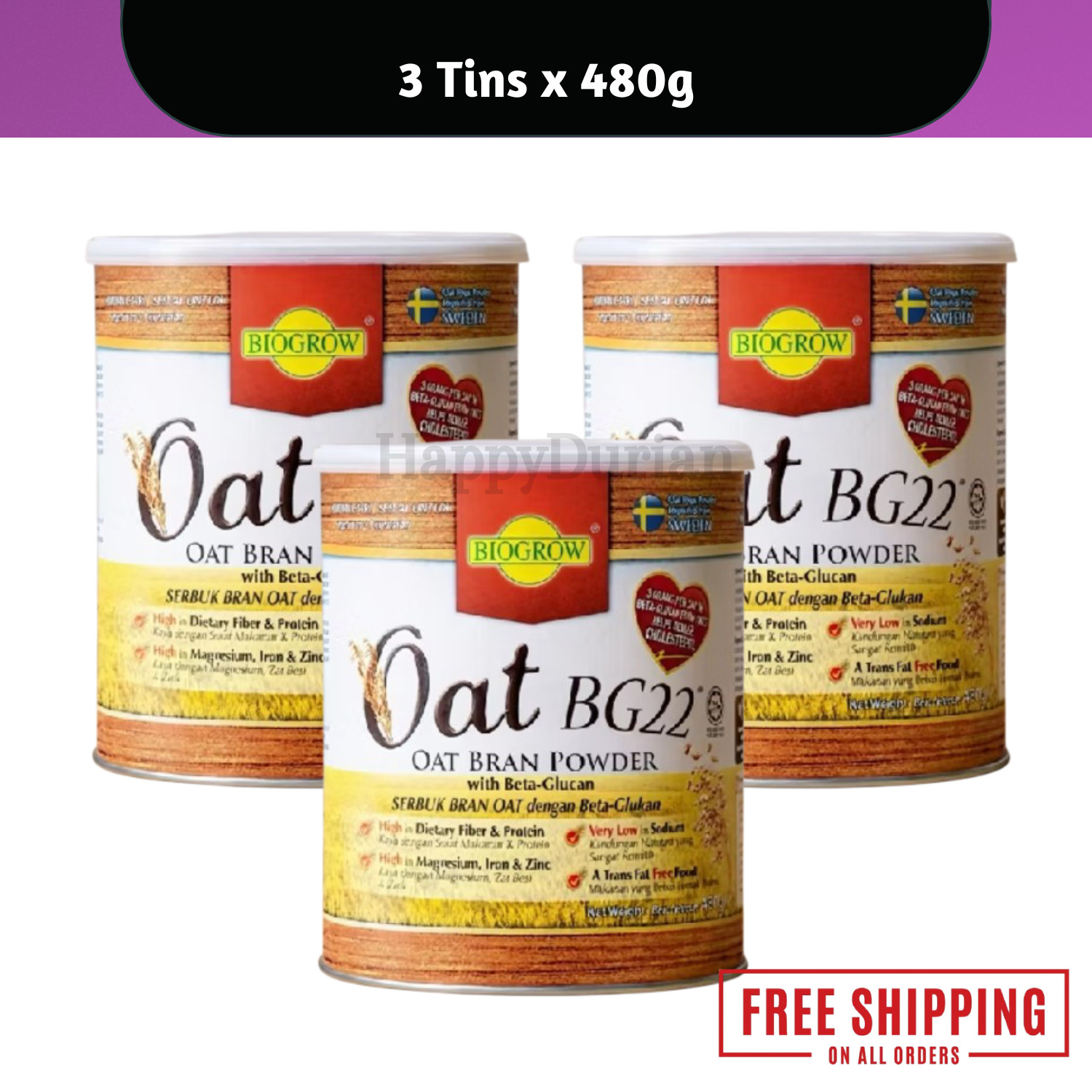 Biogrow Oat BG22 Oat Bran Powder Beta Glucan High Fiber 480g x 3