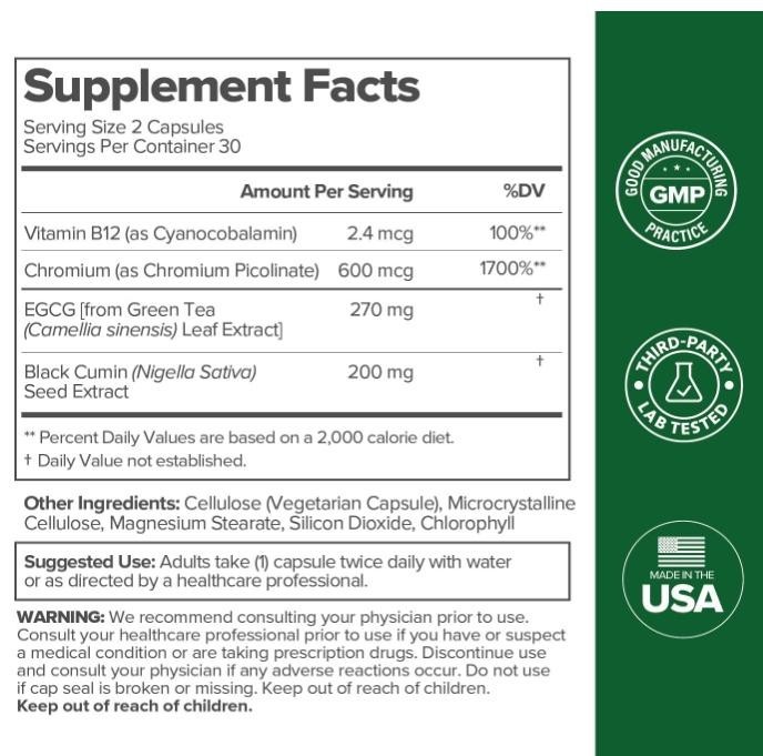Metabolism Boosting Capsules Green Tea EGCG Chromium B12 Energy 30 Servings