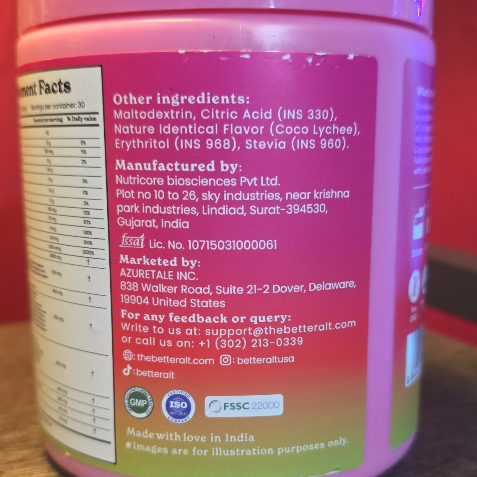 BetterAlt Creatine Collagen Biotin Vitamin C Hyaluronic Coco Lychee Powder 11oz