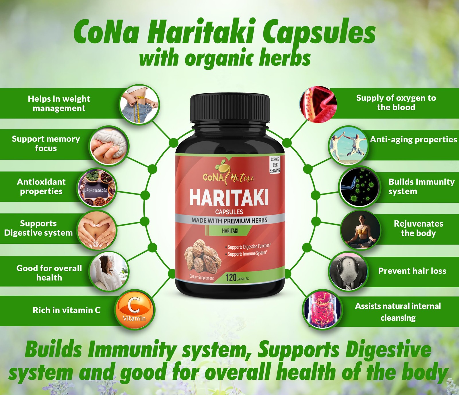 Cona Nature Organic India Haritaki Capsules 2250MG, 120 Count (Pack of 1)