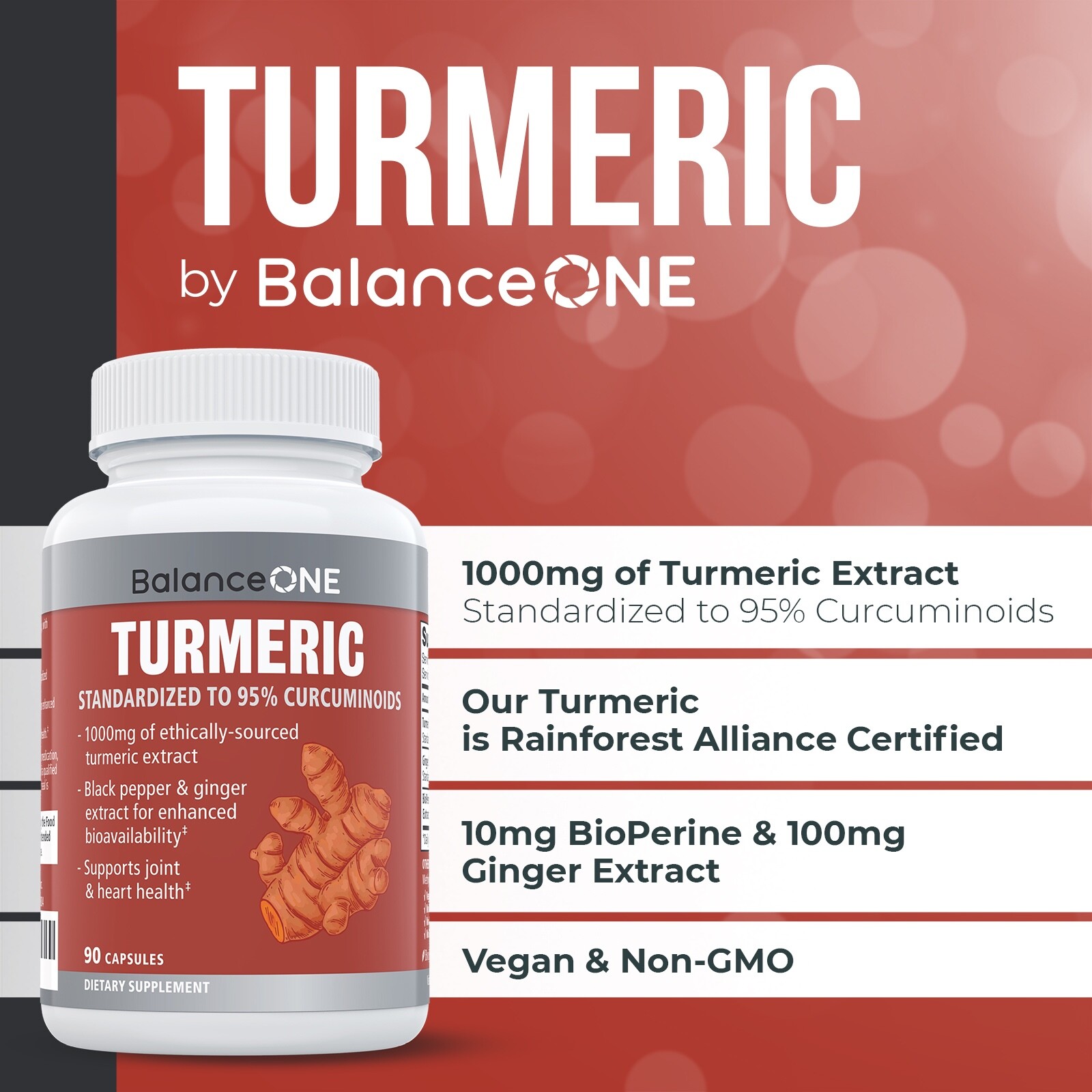 Balance ONE Turmeric Extract, Vegan, Maximum Strength Curcumin, 30 Day Supply