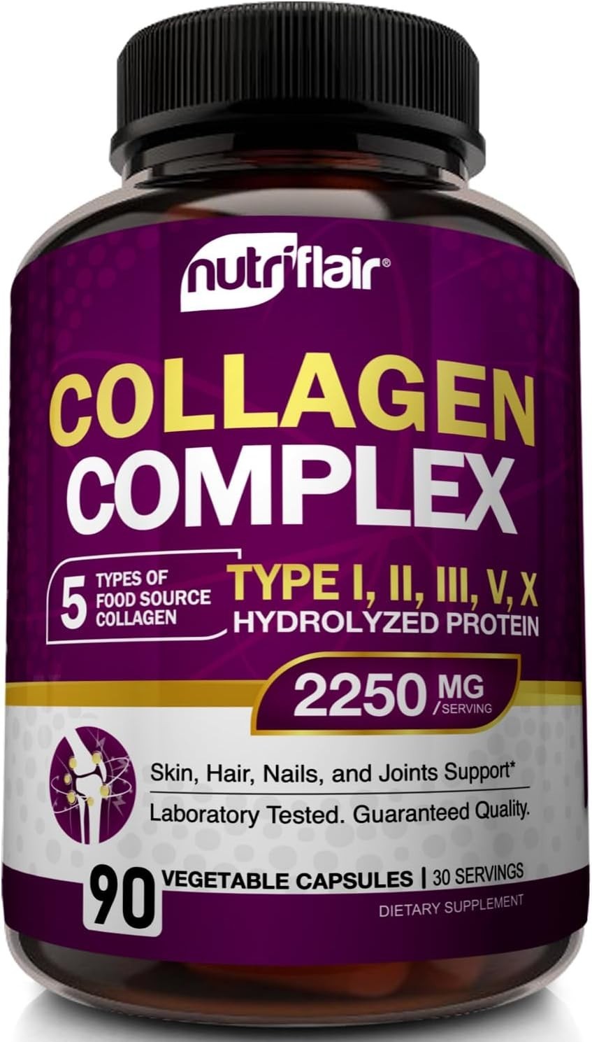 Collagen Supplement, 2250mg, 90 Capsules, Type I II III V X, Unflavored