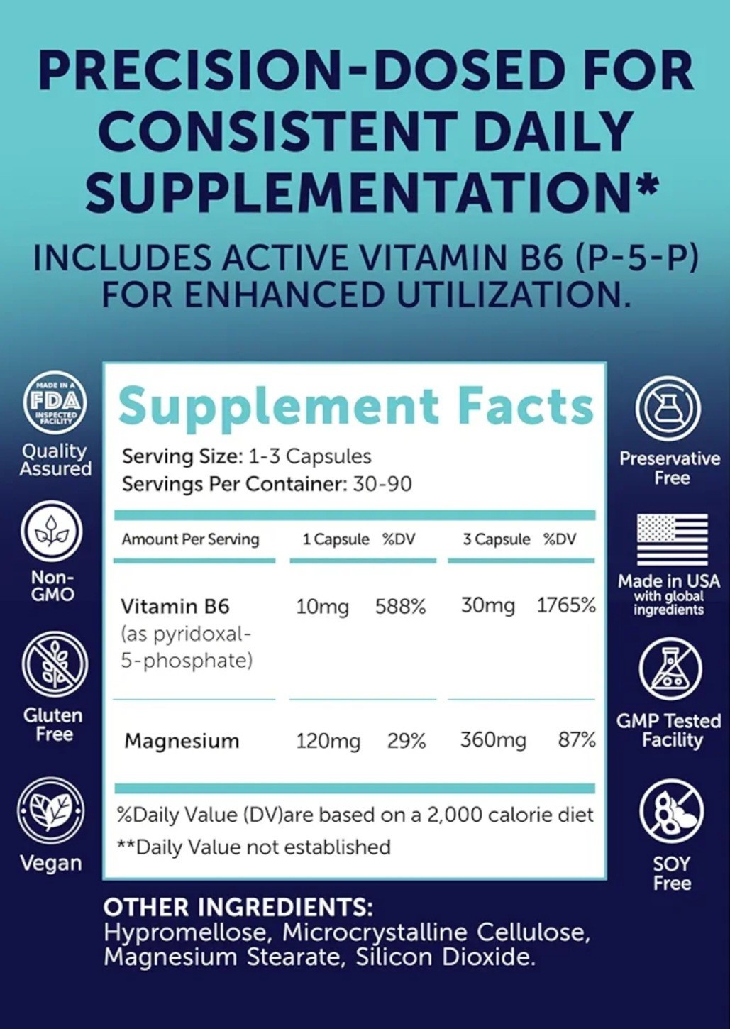 Lunakai USA Made Pure Magnesium Glycinate Capsules 120mg with B6 (P-5-P) 90ct