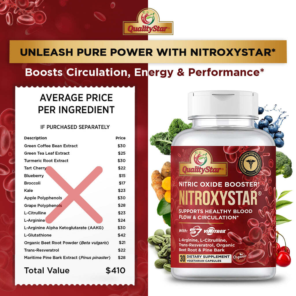 NEW QualityStar NITROXYSTAR Nitric Oxide Booster 30-CAPS For Healthy Blood Flow