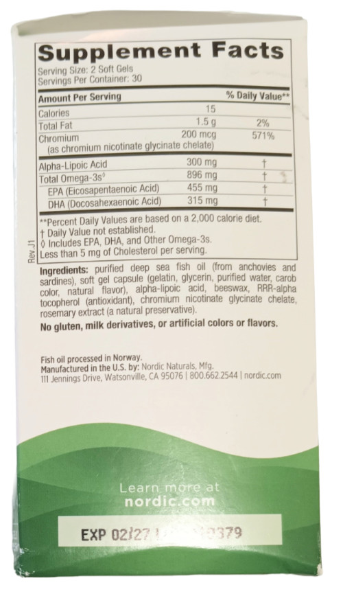 Nordic Naturals Blood Sugar Support Omega Blend Fish Oil Softgels 60ct EXP 02/27
