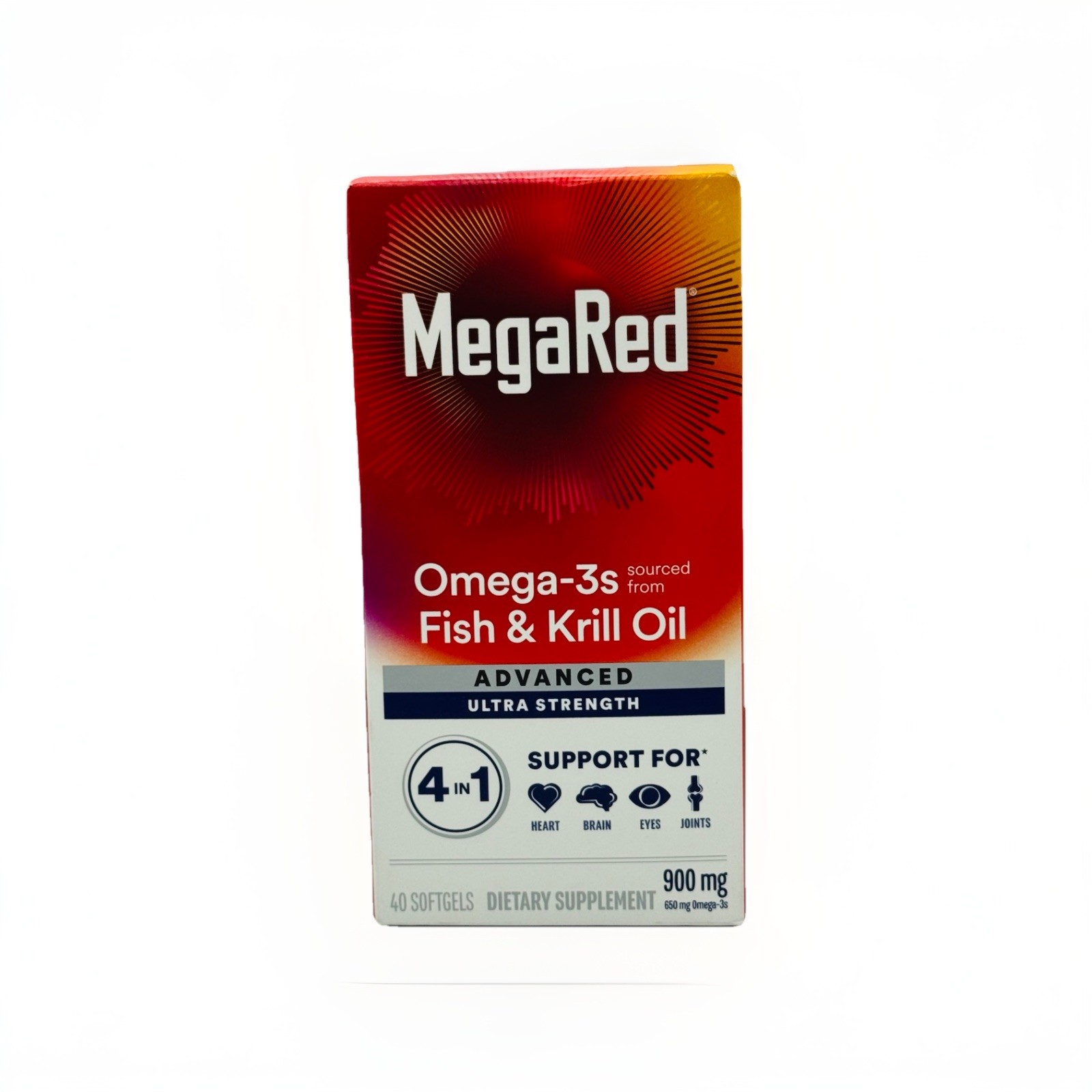 MegaRed Omega-3s Fish & Krill Oil, Ultra Strength 900 mg. 40 SoftGels Box Damage
