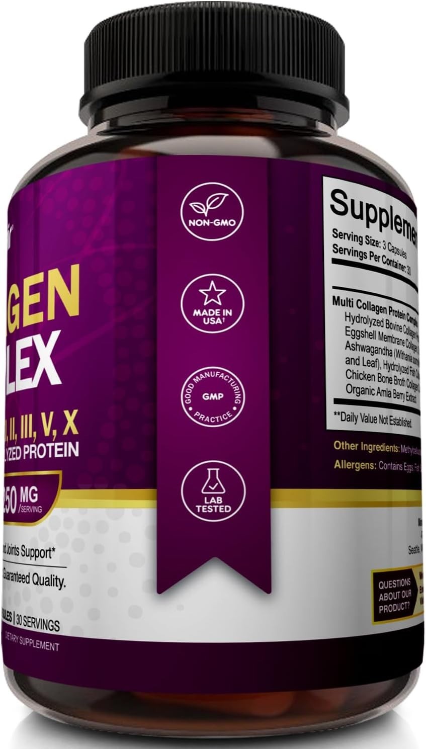 Collagen Supplement, 2250mg, 90 Capsules, Type I II III V X, Unflavored