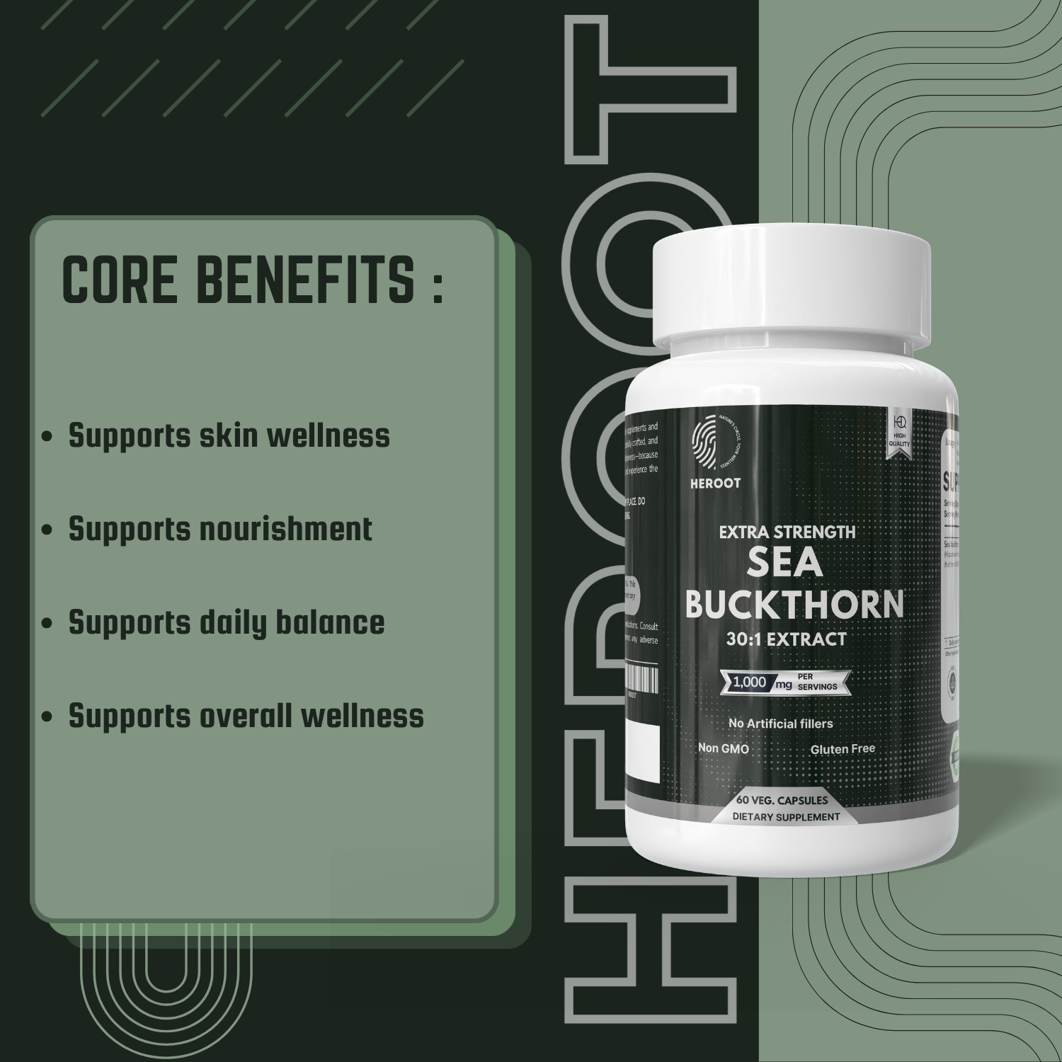 Heroot Sea Buckthorn Capsules 500mg | Hippophae rhamnoides Berry Extract