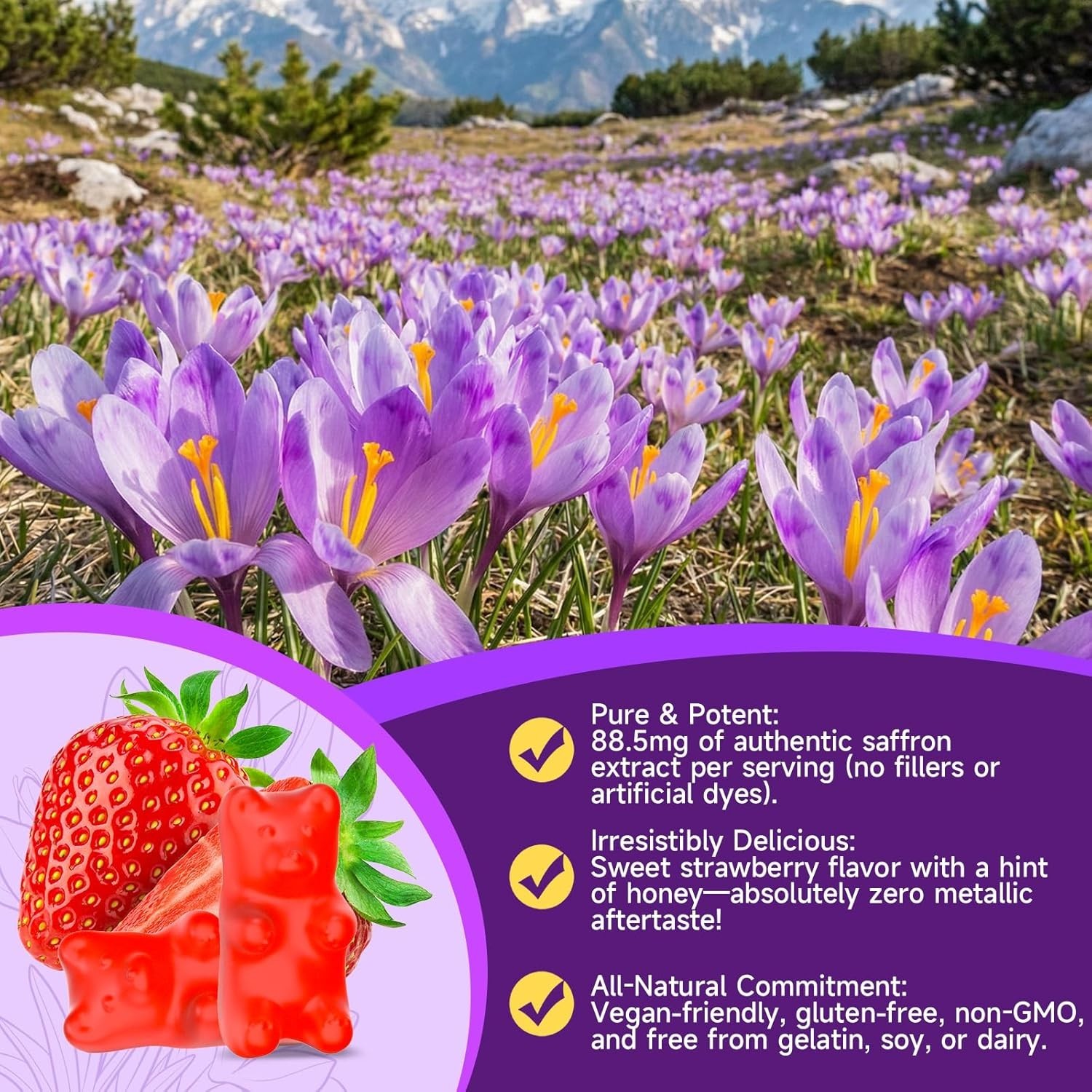 XIAAN Saffron Gummies 88.5mg – 10-in-1 Calm & Focus – Sugar Free Strawberry 60ct