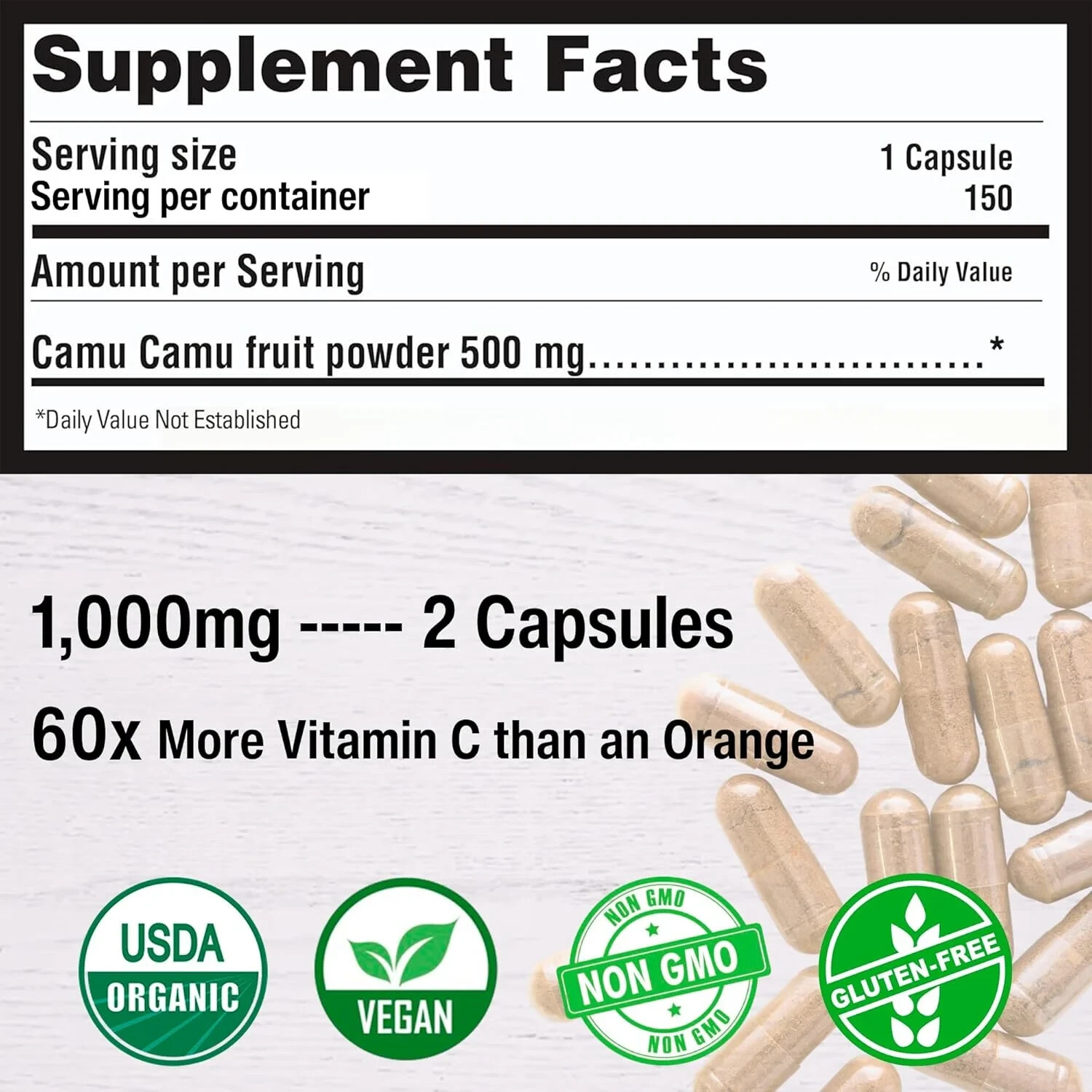 Organic Camu Camu Capsules – 150 Vegan Pills Raw Berry Supplement from Peru