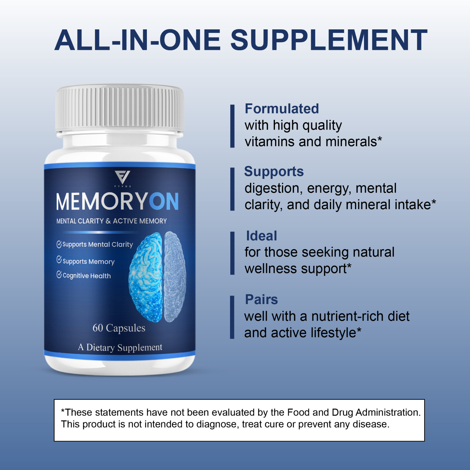 (5 Pack) MemoryOn Brain Supplements, Memory On Premium Nootropic (300 Capsules)