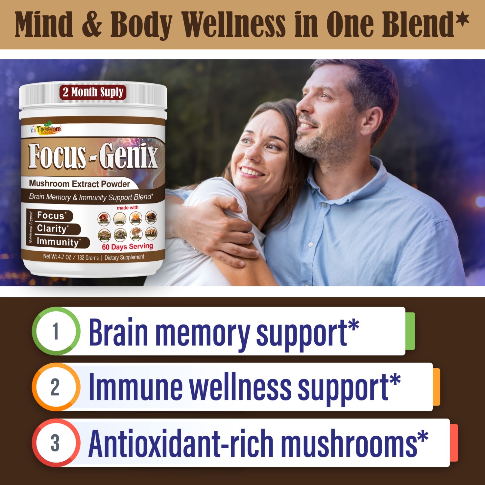Mushroom Supplement Powder- Focus, Brain Health & Immune Support 60 Servings