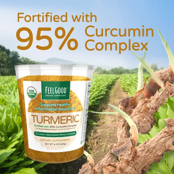 Feel Good Organic Turmeric Powder 16 oz – 95% Curcumin, Black Pepper Extract