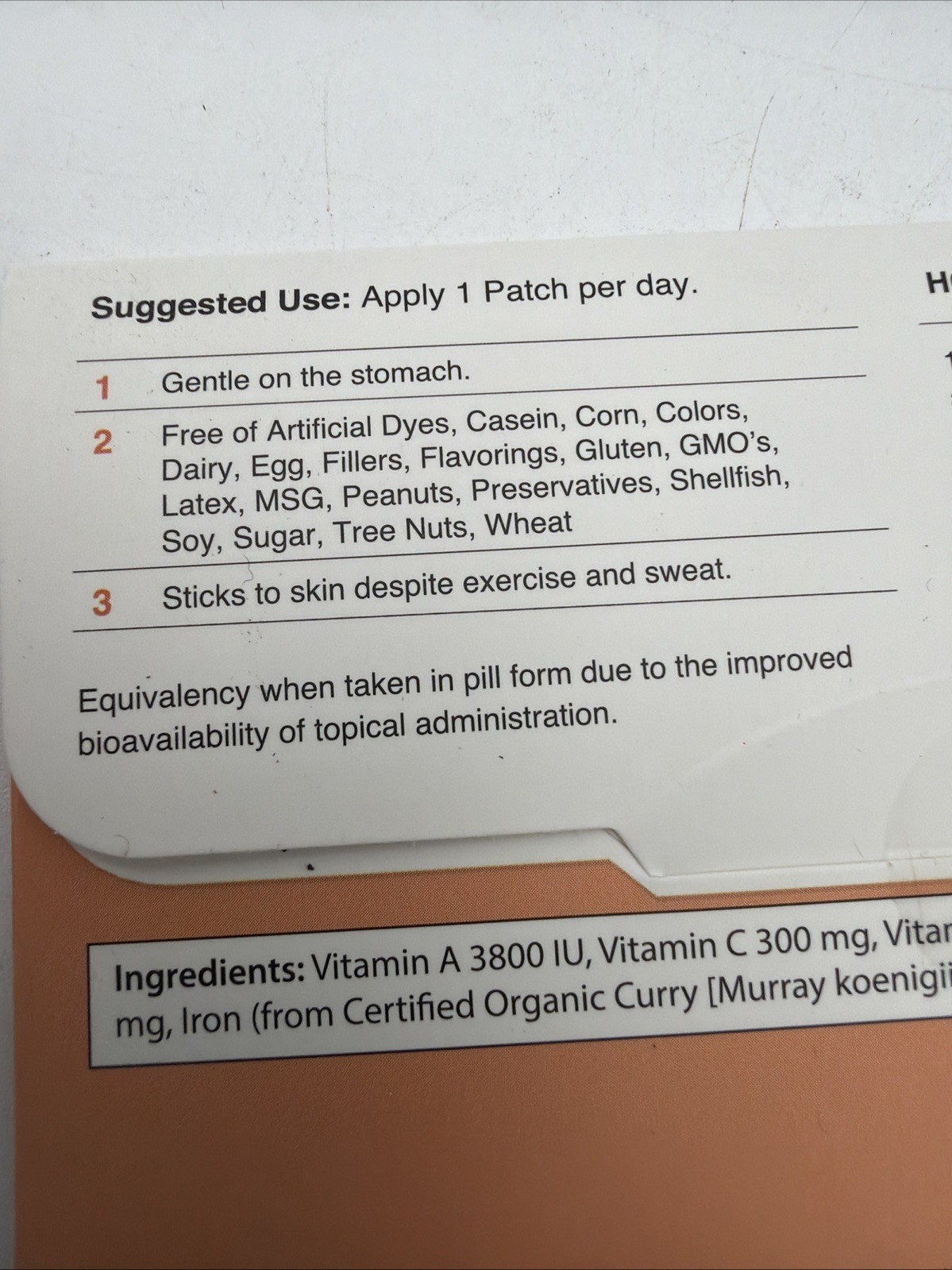Iron Plus by Patch Aid 30 Day Supply Immune Function Vitamins A & C