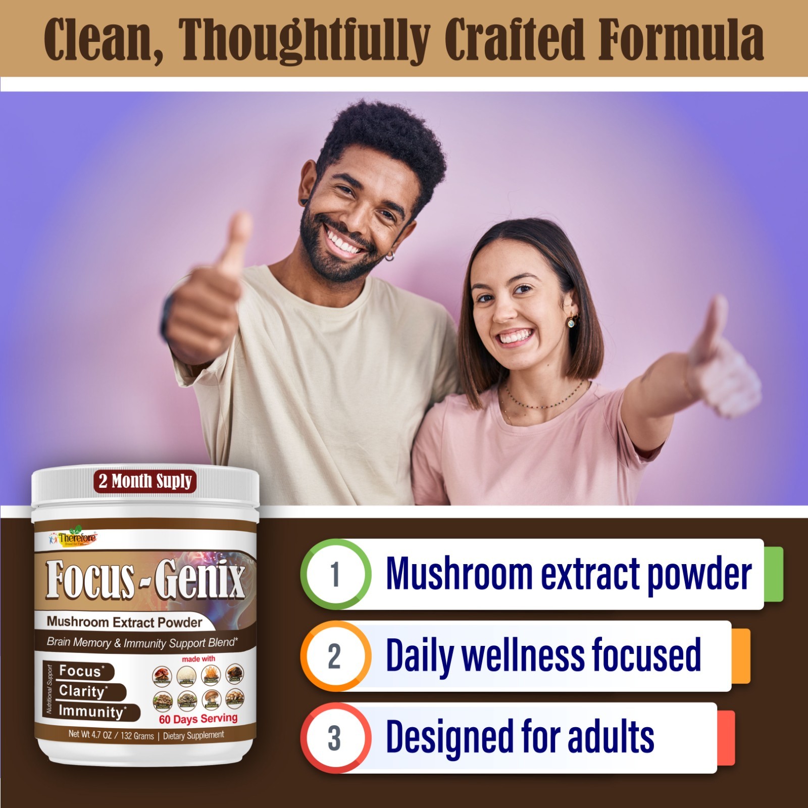 Mushroom Supplement Powder- Focus, Brain Health & Immune Support 60 Servings