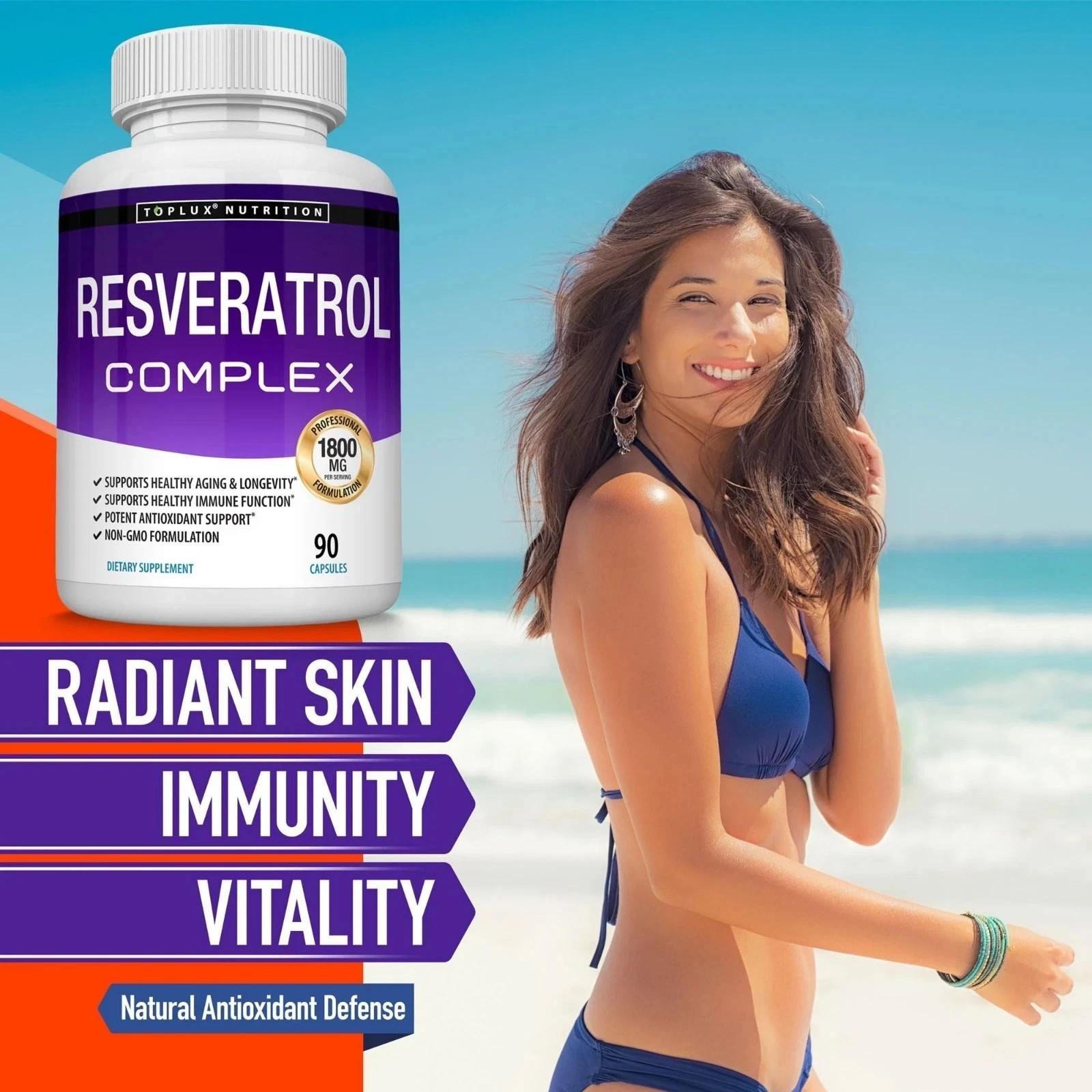 Toplux Nutrition Resveratrol Complex 1800mg 90 Capsules Non-GMO Antioxidant