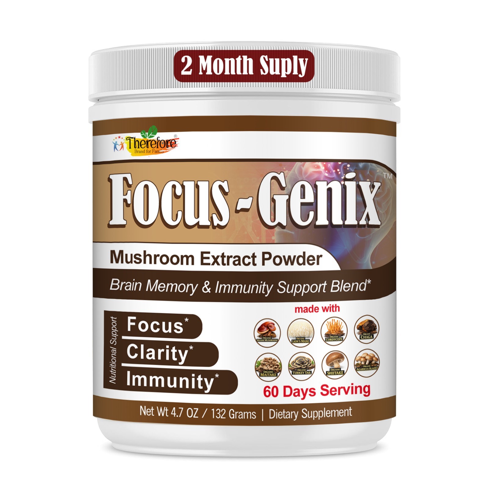 Mushroom Supplement Powder- Focus, Brain Health & Immune Support 60 Servings