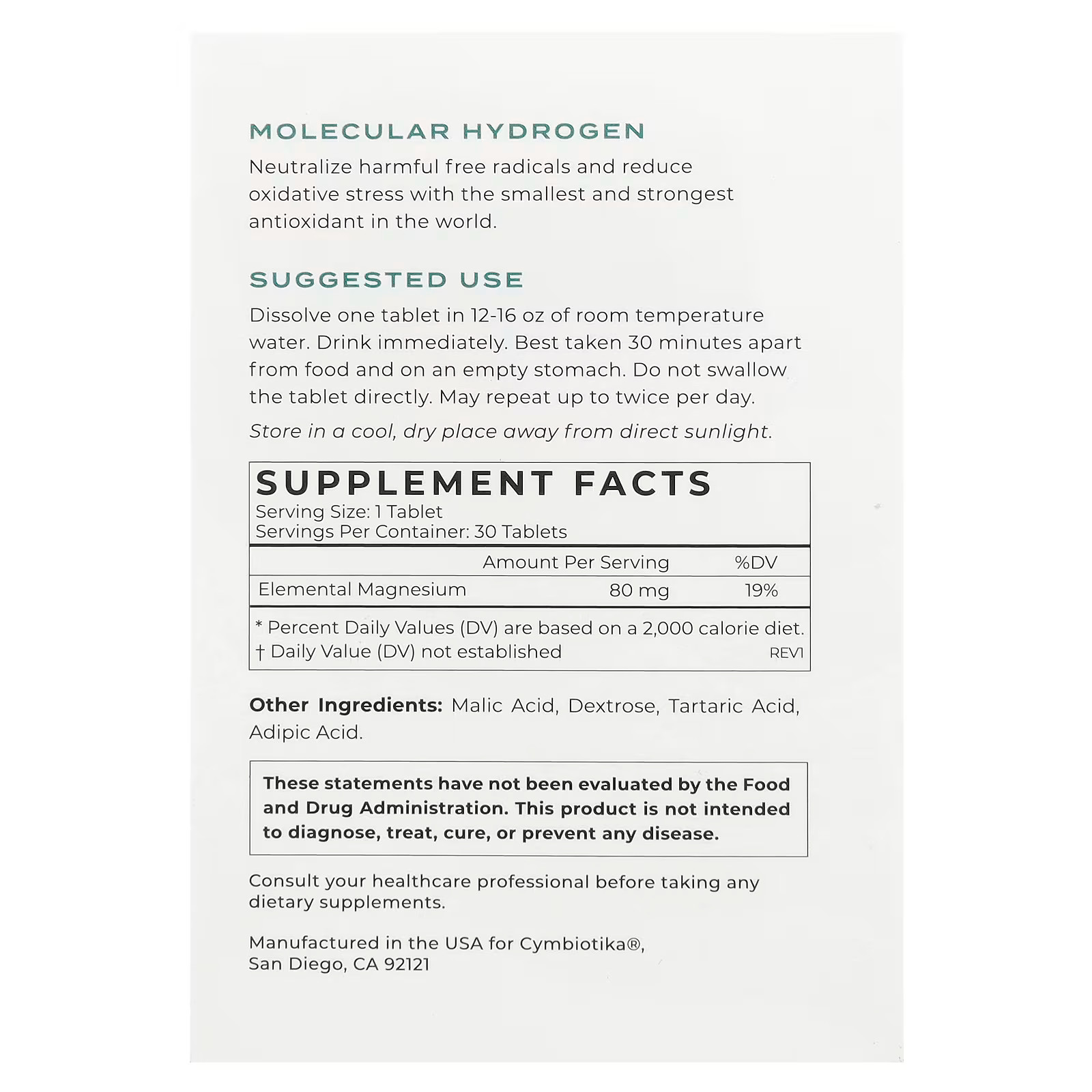 Cymbiotika, Molecular Hydrogen, 30 Effervescent Tablets (80 mg Per Tablet)