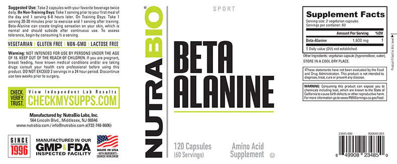 Beta Alanine 800mg 120 Caps Muscle Endurance & Strength Nutrabio 100% AUTHENTIC