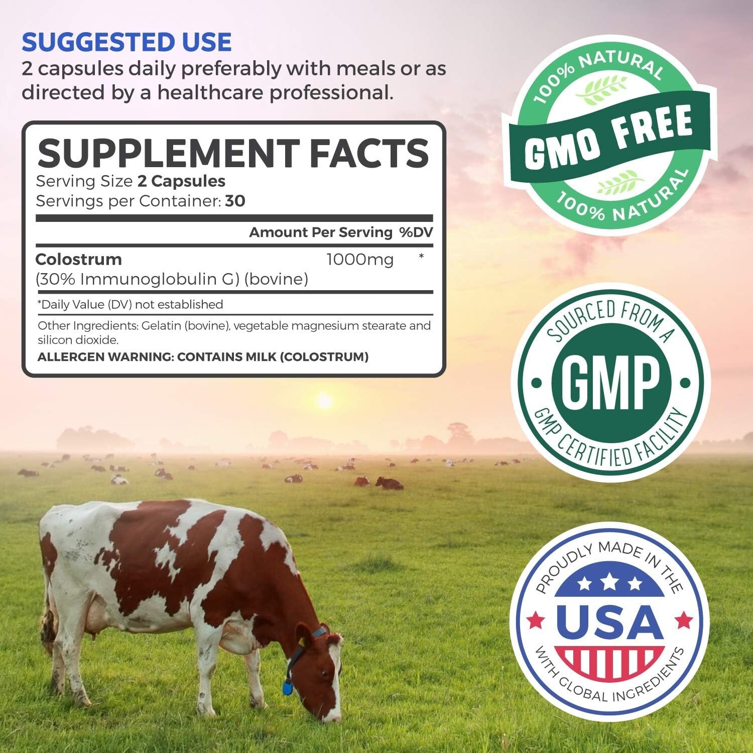 Health’s Harmony Colostrum 1,000mg 30% IgG Immunoglobulins Immune Support 60ct