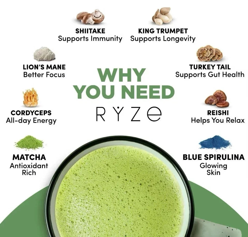 Ryze Organic Mushroom Matcha + Coffee- 30 Servings Sealed Exp 2028 FREE SHIPPING