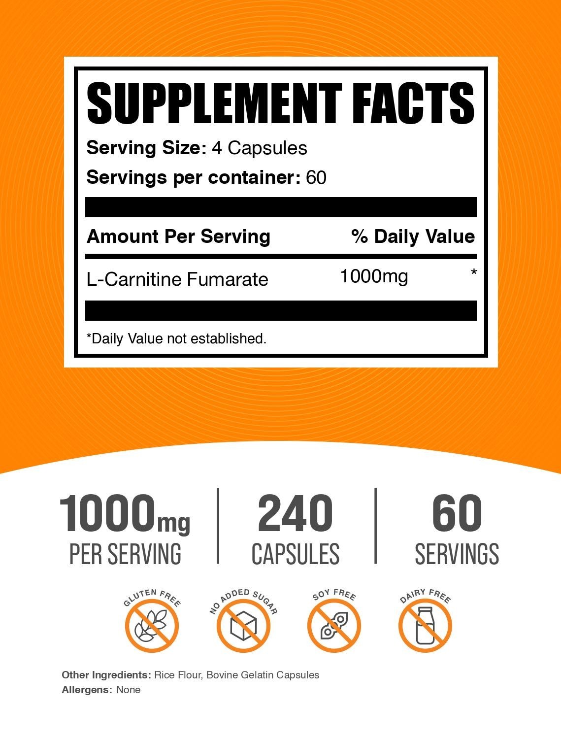 BulkSupplements L-Carnitine Fumarate Capsules – 500mg per Serving – 240 Capsules