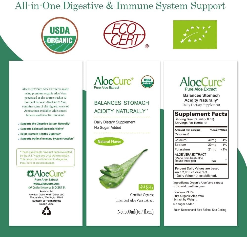 AloeCure Pure Aloe Vera Juice Supplement 99.8% Organic Inner Leaf Natural Flavor