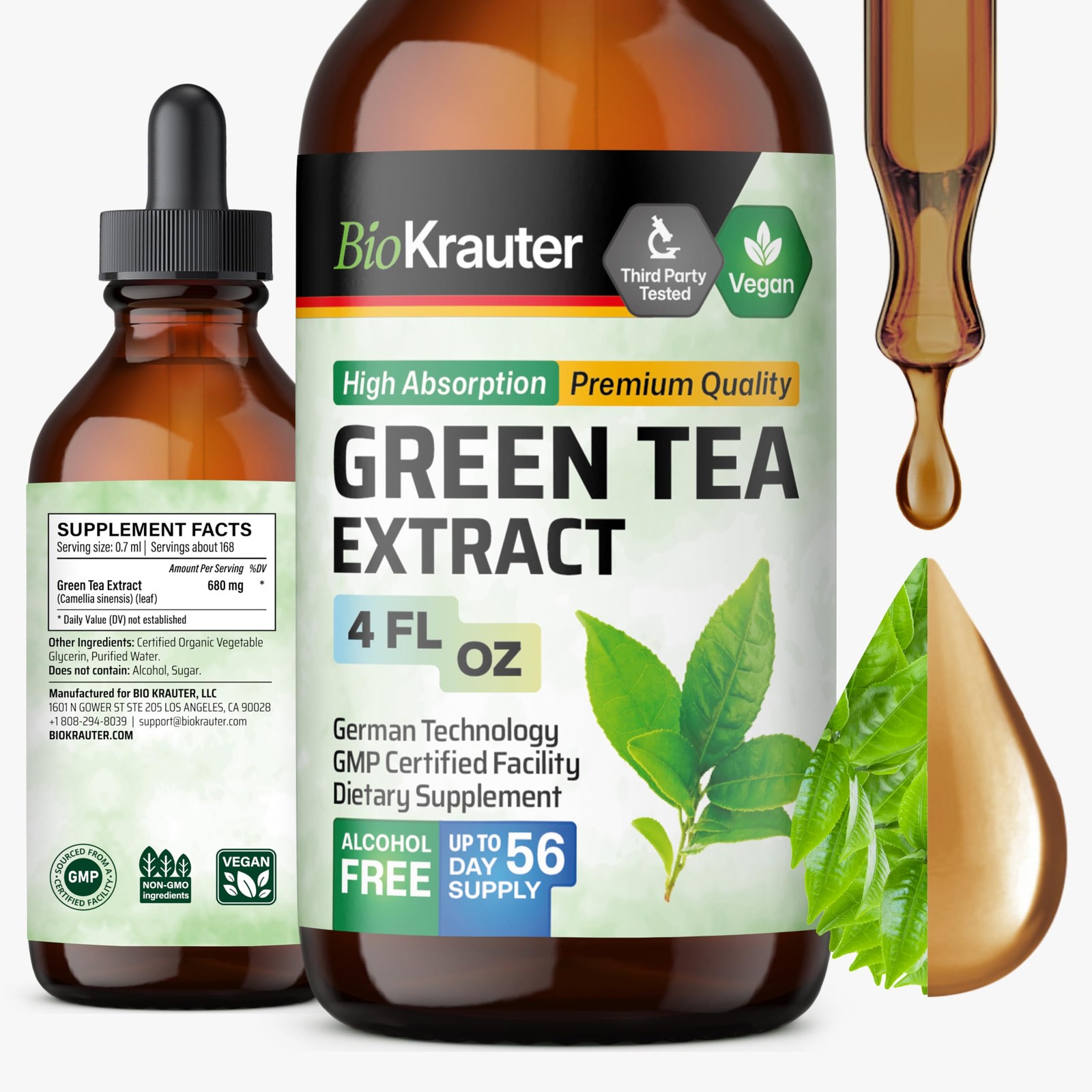 BIO KRAUTER® Green Tea Extract – Liquid Pure Vegan 4 Fl Oz (Pack of 1)