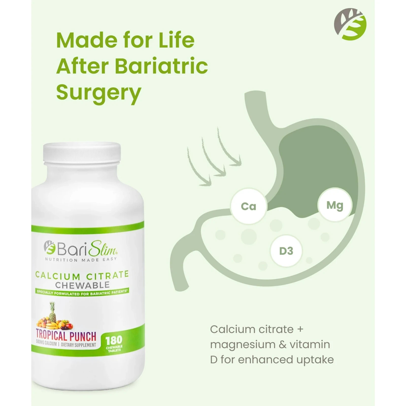 BariSlim Calcium Citrate Chewable Tablet Dietary Supplement, Tropical – 180ct