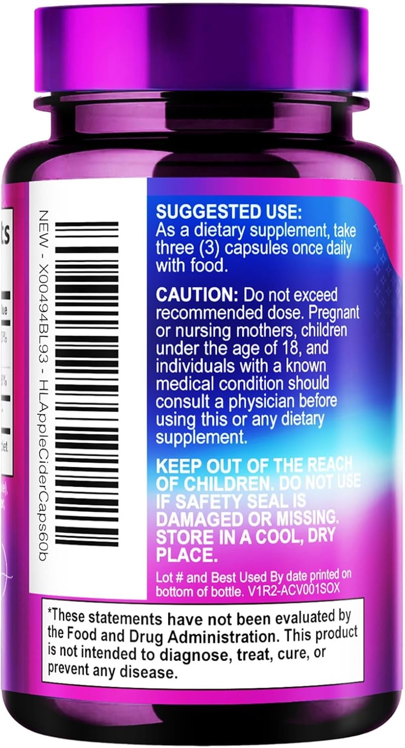 Apple Cider Vinegar 1877 mg Extra Strength ACV Pills with Vitamin D3 60 Capsules