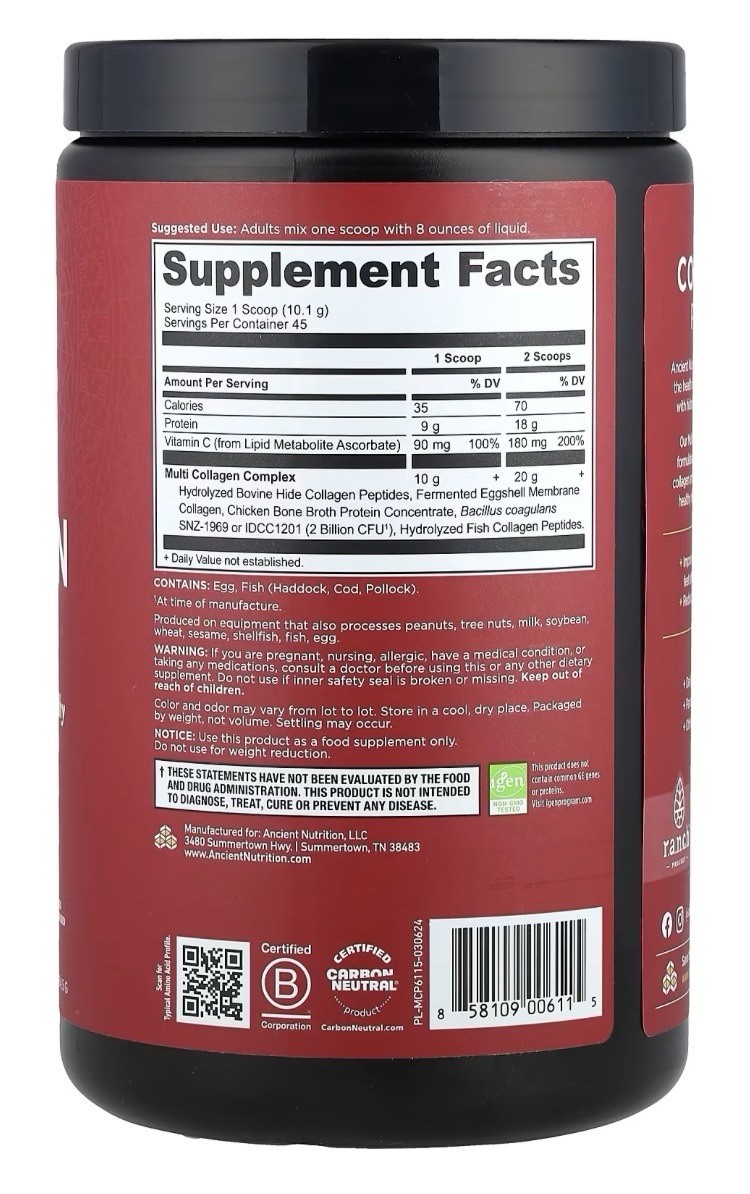 Ancient Nutrition Multi Collagen Protein Powder Grass-Fed Keto GF Non-GMO