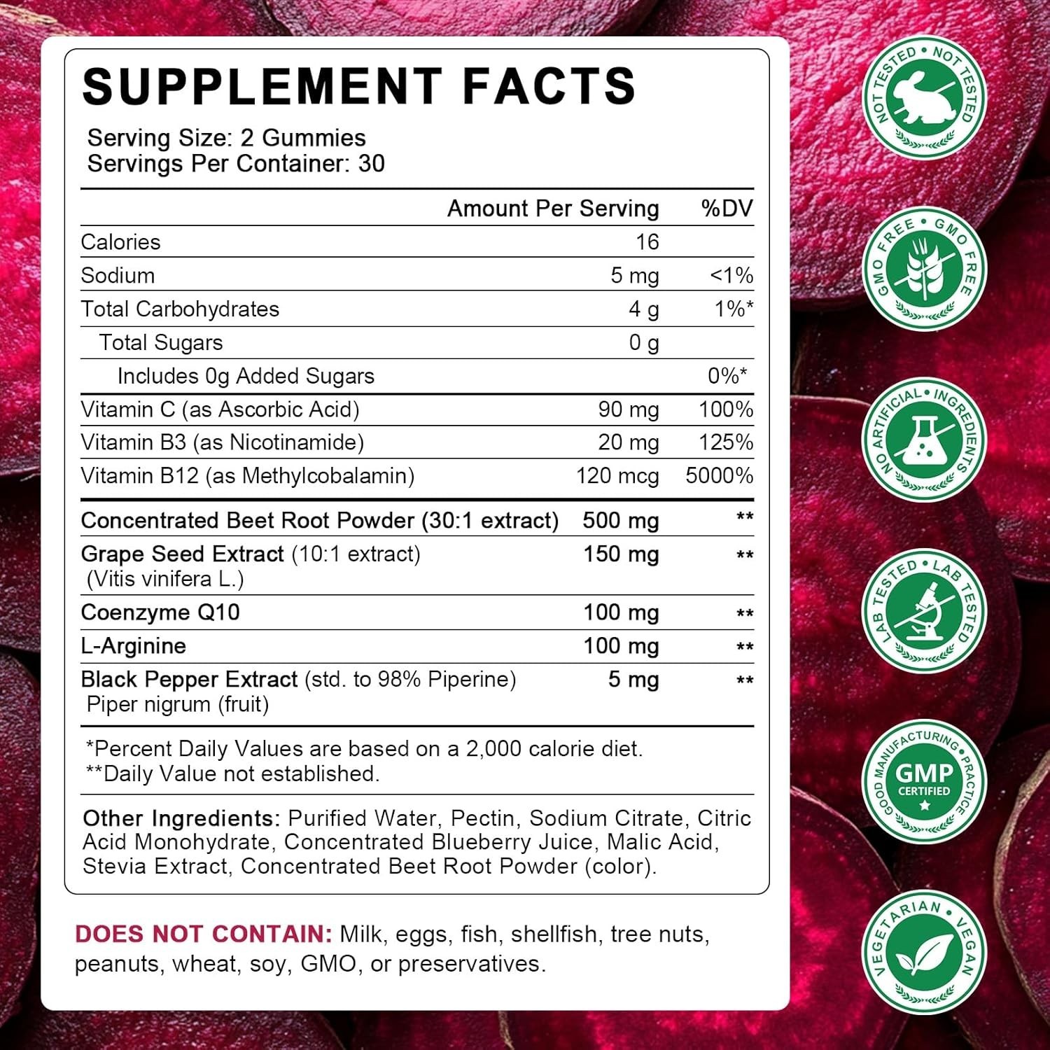 Beet Root w/ CoQ10, L-Arginine & Grape Seed Sugar-Free Gummies 60 ct
