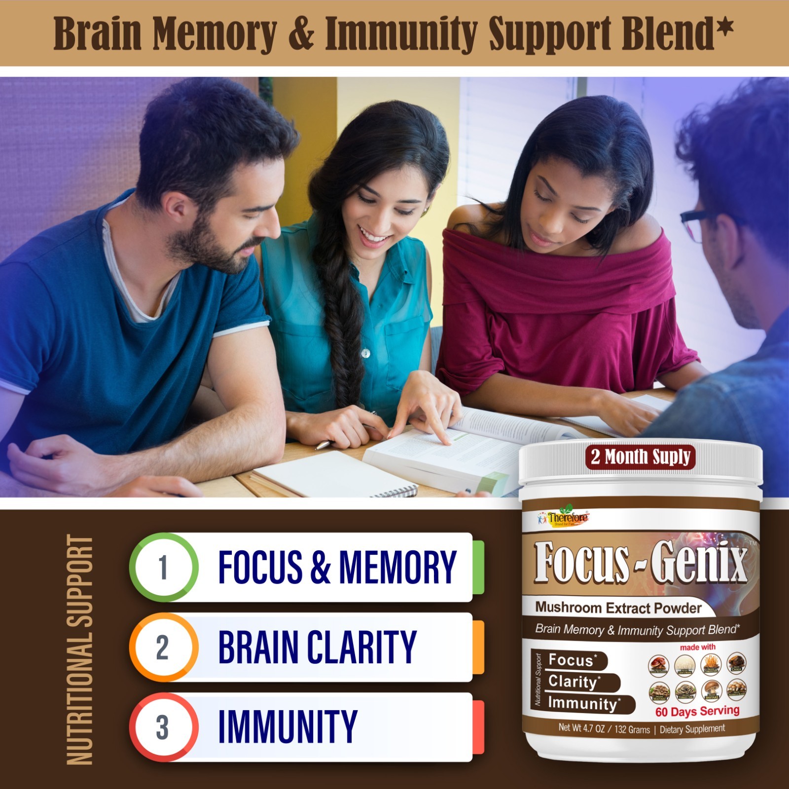 Mushroom Supplement Powder- Focus, Brain Health & Immune Support 60 Servings