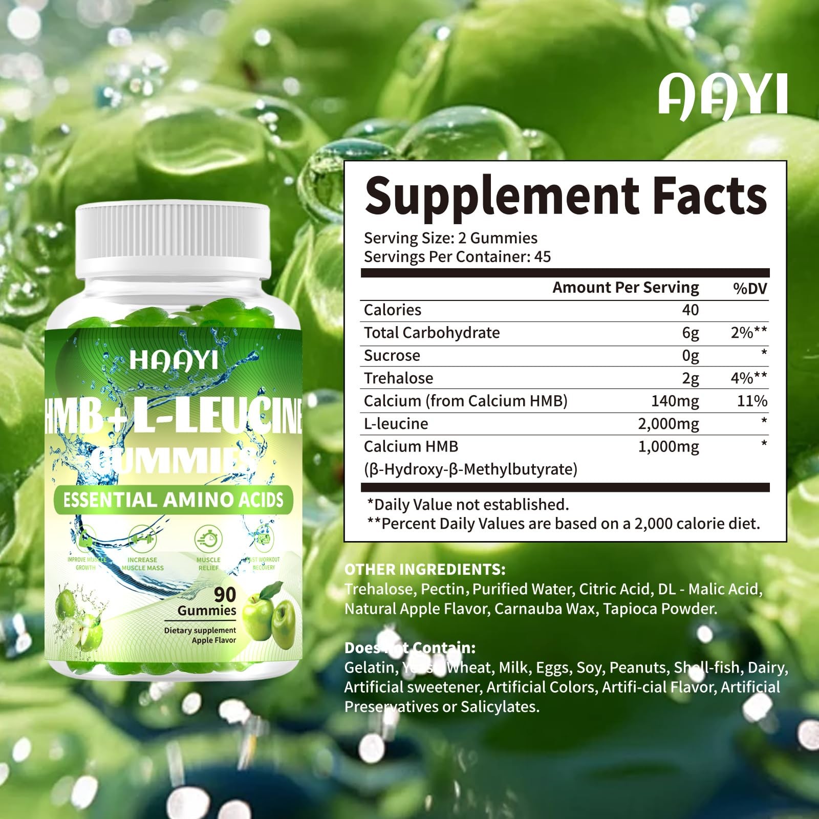 HAAYI HMB and L-Leucine Gummies, 3000mg,Sugar Free,HMB 90 Count (Pack of 1)