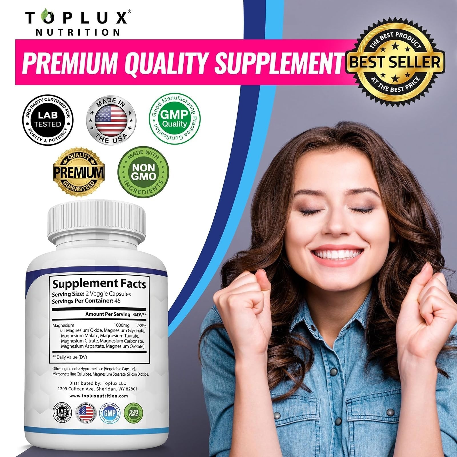 Toplux Magnesium Complex Supplement 1000mg – 90 Capsules for Muscle & Bone
