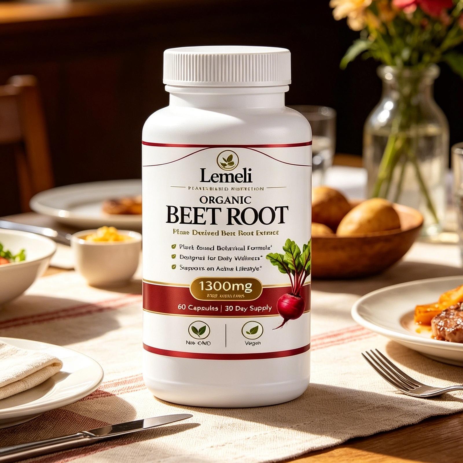 Lemeli Organic Beet Root 1300mg Beet Root Non-GMO 60 Capsules, 30-Day Supply