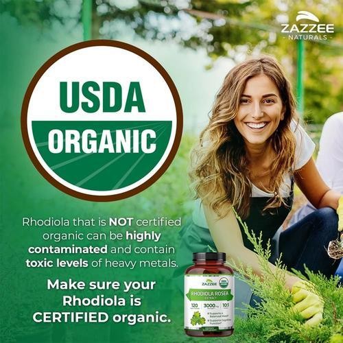 3 X Zazzee Organic Rhodiola 10:1 Exract, 3000 mg Strength, 120 Vegan Capsules