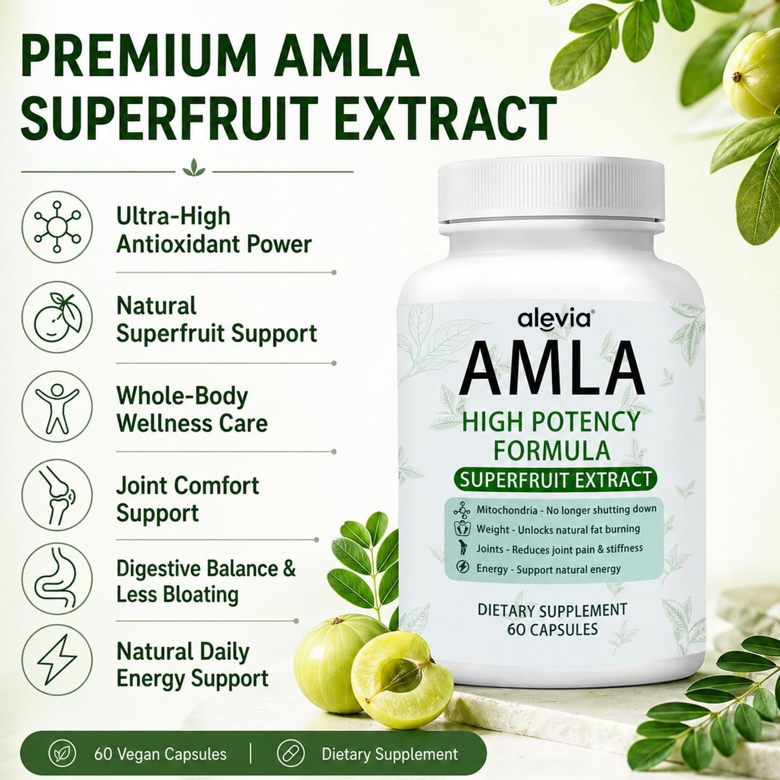 Alevia Natural Amla Capsules 1000mg Indian Gooseberry Antioxidant Supplement 60c