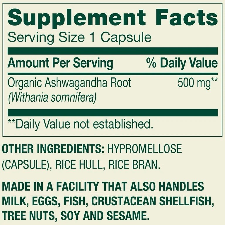 Spring Valley Ashwagandha Root Powder 500mg 60 Vegetarian Capsules
