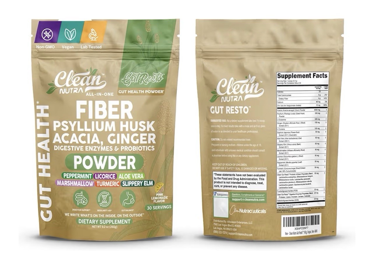 Clean Nutra Gut Resto Fiber Powder Pink Lemonade Acacia Psyllium Ginger Vegan