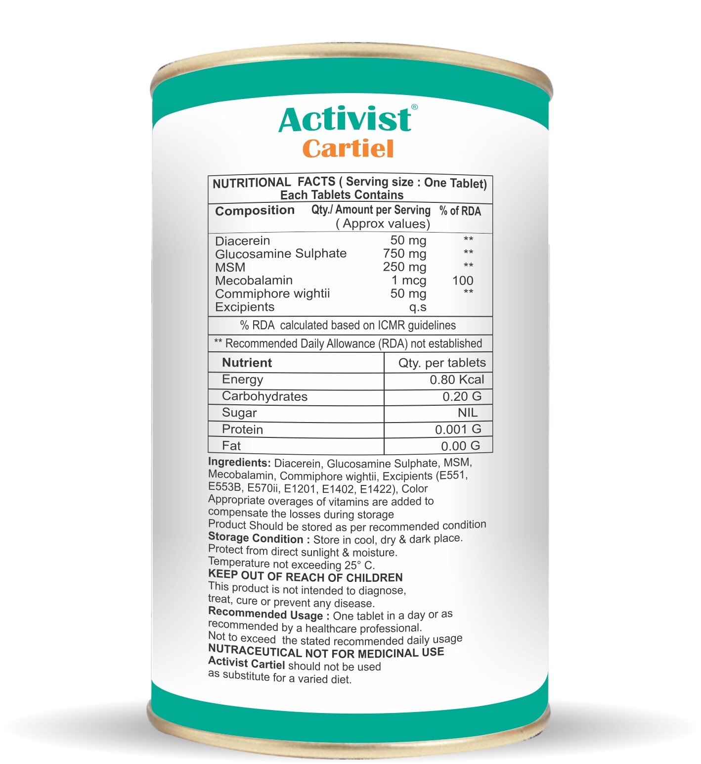 Activist Cartiel tablet for cartilage with Diacerin,glucosamine MSM -60 tab