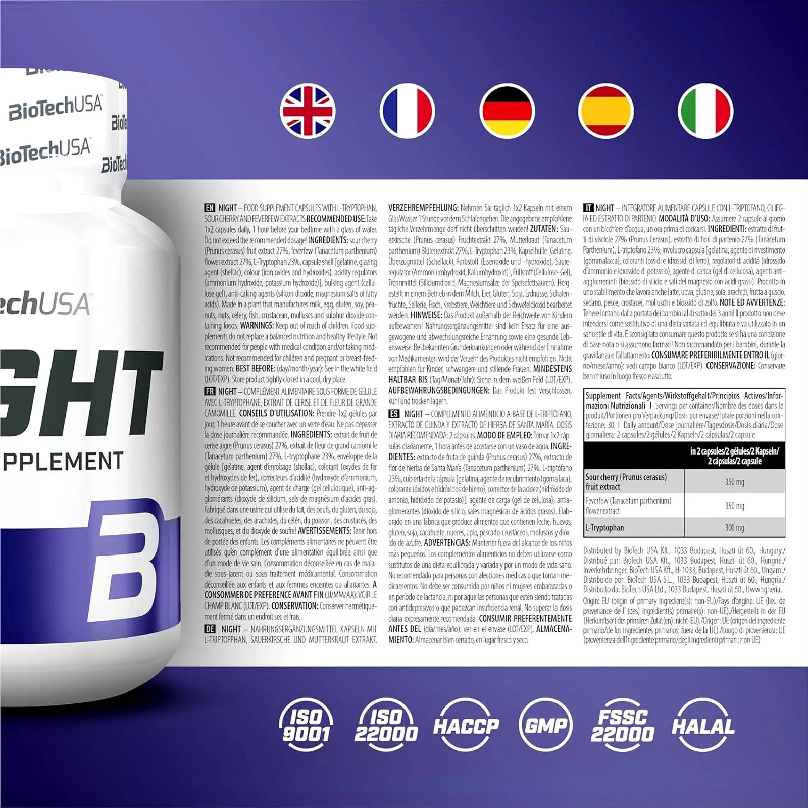 NIGHT – 60-120 Capsules – L-tryptophan- Improve sleep quality Regeneration Rest